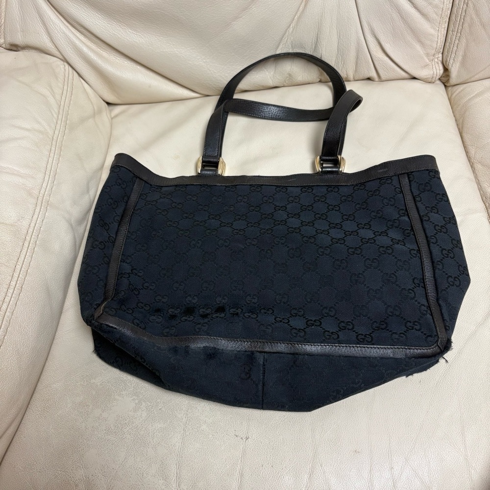 VTG GUCCI ABBEY Tote Bag Pockets Black GG Canvas GHW Leather Trim - Picture 4 of 13